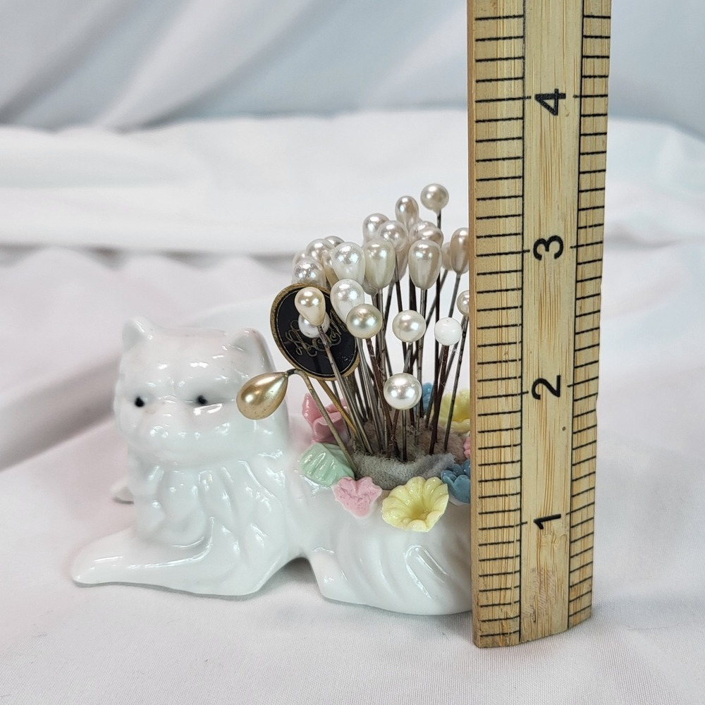 Vintage Ceramic White Cat Pin Cushion with Pearlized Hat Pins Floral Detail - Picture 13 of 13